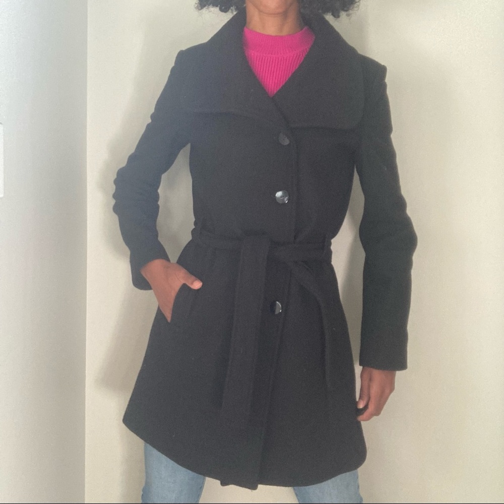 Black Wool Winter Belt Tie Coat